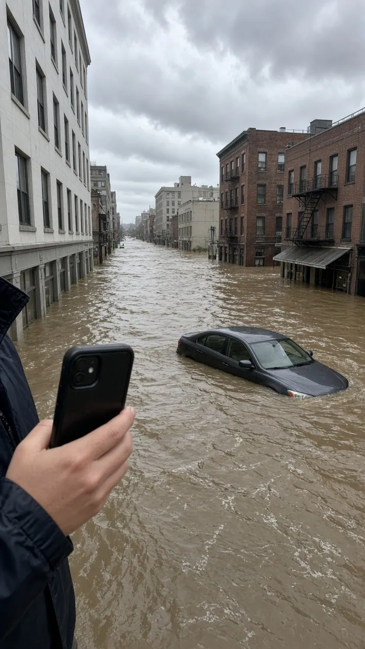 Phone footage of a flooded downtown street, the kind of clip a newsroom would check